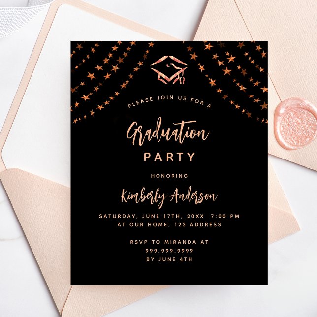 Black rose gold budget graduation party invitation flyer (Creator Uploaded)