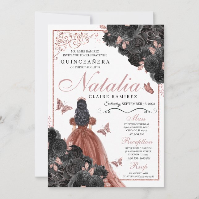 Black Rose Gold Butterfly Princess Quinceañera Invitation (Front)