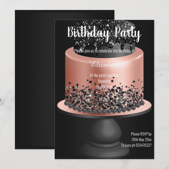  BLACK ROSE GOLD CAKE BIRTHDAY INVITATION  (Front/Back)