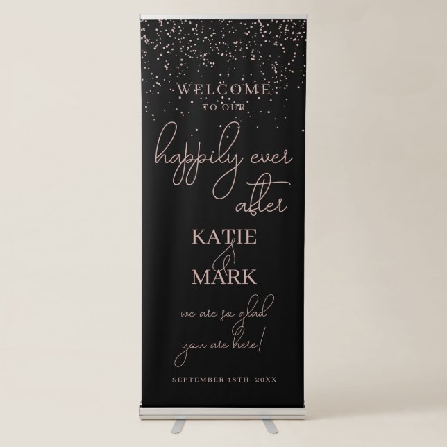 Black Rose Gold Calligraphy Happily Ever After Retractable Banner (Front)