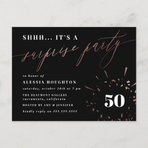 Black & Rose Gold Calligraphy Surprise Party Invitation Postcard