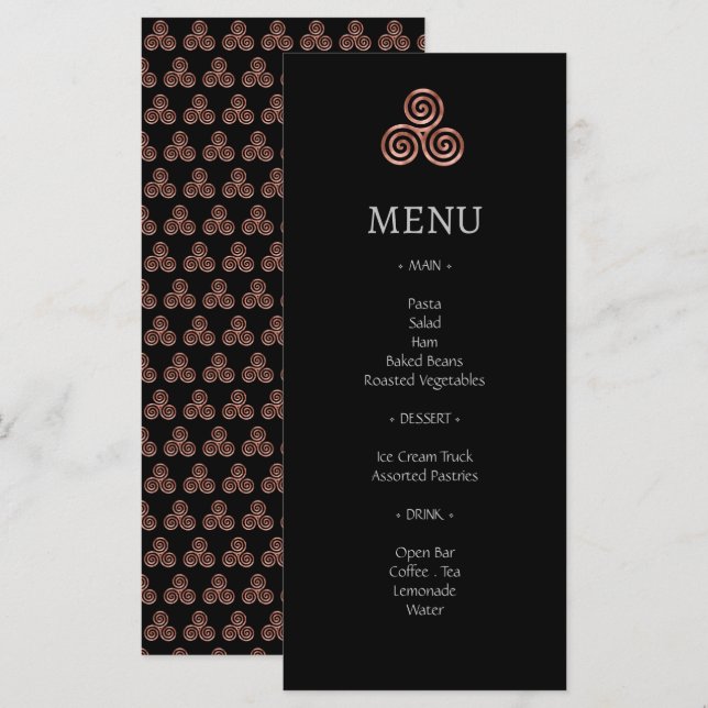 Black Rose Gold Celtic Knot Wedding Menu Cards (Front/Back)