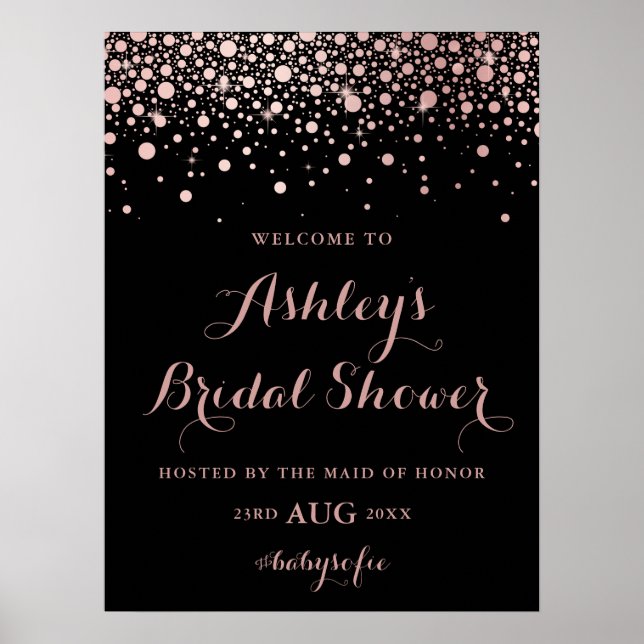 Black Rose Gold Confetti Welcome Bridal Shower Poster (Front)