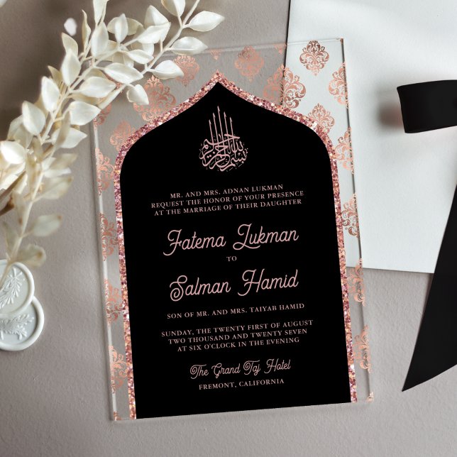 Black Rose Gold Damask Arch Muslim Wedding Acrylic Invitations (Creator Uploaded)