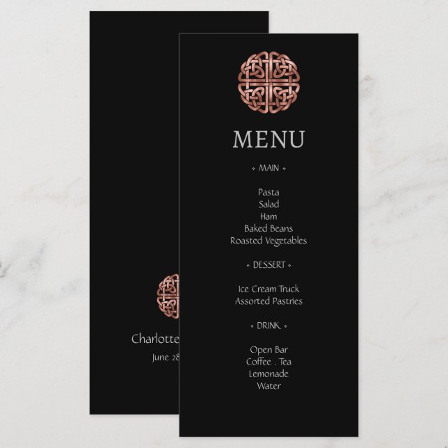 Black Rose Gold Dara Celtic Knot Wedding Menu (Front/Back)