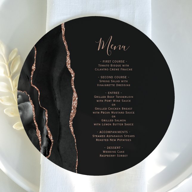 Black Rose Gold Dark Round Plate Wedding Menu (Creator Uploaded)