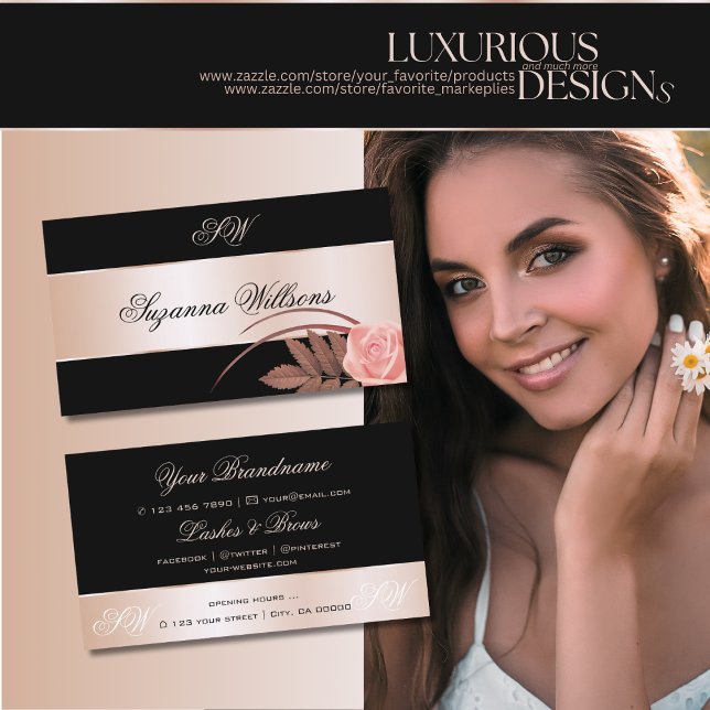 Black Rose Gold Decor Cute Flower with Initials Business Card (Creator Uploaded)