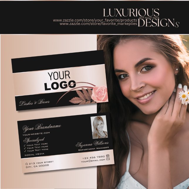Black Rose Gold Decor Cute Flower with Logo Photo Business Card (Creator Uploaded)