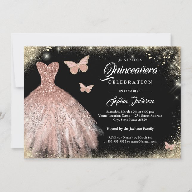 Black Rose Gold Dress Butterfly Quinceanera Invitation (Front)