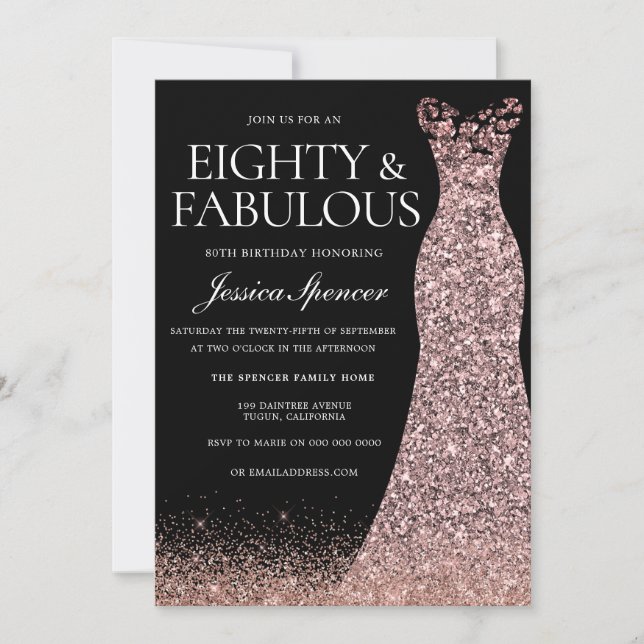Black Rose Gold Dress Womans 80th Birthday Party Invitation (Front)