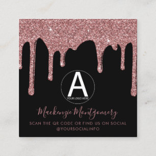 Black Rose Gold Dripping Glitter Business Logo Square Business Card