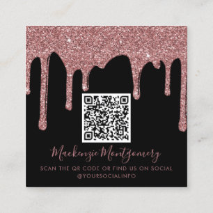 Black Rose Gold Dripping Glitter QR Code Square Business Card
