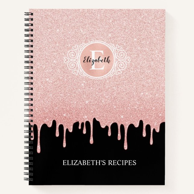 Black Rose Gold Dripping Glitter Recipe Cookbook Notebook (Front)