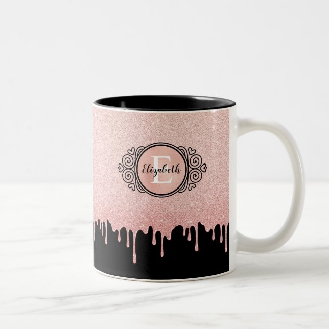 Black Rose Gold Dripping Glitter Two-Tone Coffee Mug (Right)