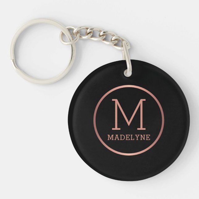 Black Rose Gold Elegant Modern Monogram Key Ring (Front)