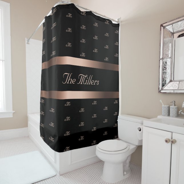 Black rose gold family monogram pattern elegant shower curtain (In Situ)
