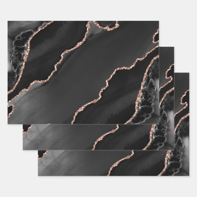 Black & Rose Gold Faux Glitter Agate design Wrapping Paper Sheet (Set)