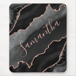 Black & Rose Gold Faux Glitter Agate Mouse Mat