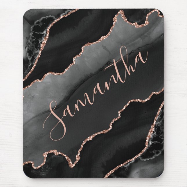 Black & Rose Gold Faux Glitter Agate  Mouse Mat (Front)