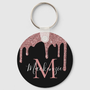Black Rose Gold Faux Glitter Drips Monogram Key Ring