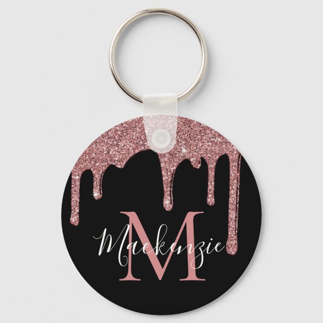 Black Rose Gold Faux Glitter Drips Monogram Key Ring (Front)