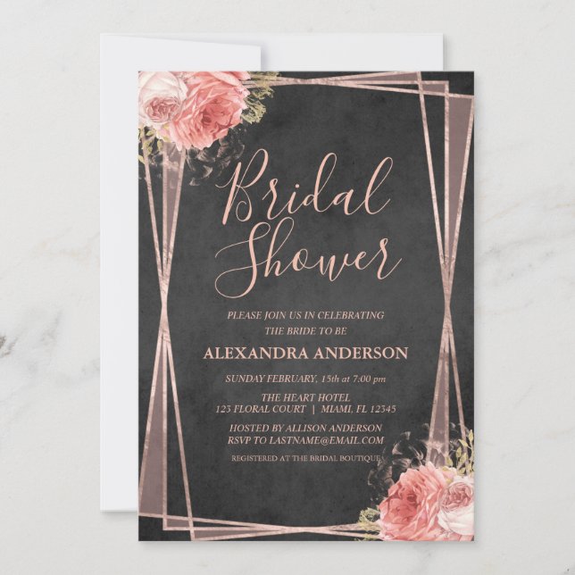 Black Rose Gold Floral Bridal Shower Invitation (Front)