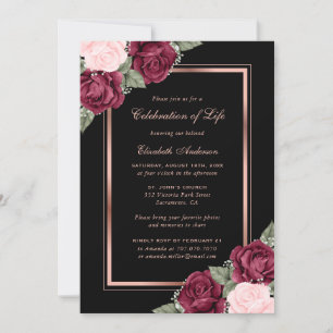 Black Rose Gold Floral Celebration of Life Photo Invitation