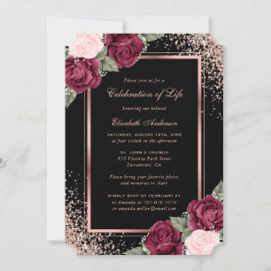 Black Rose Gold Floral Photo Celebration of Life Invitation