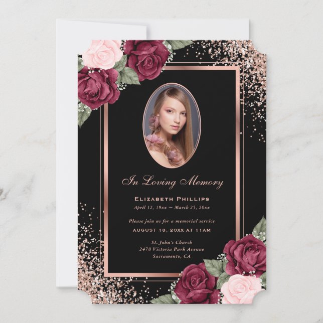 Black Rose Gold Floral Photo In Loving Memory Invitation (Front)