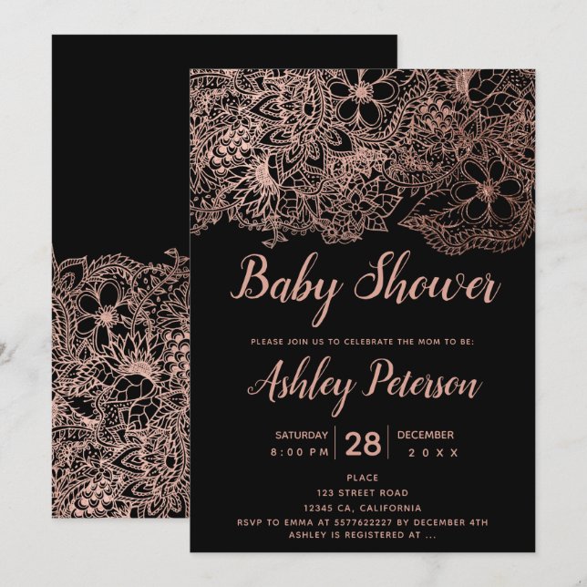 Black rose gold floral typography baby shower invitation (Front/Back)