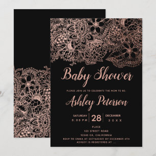 Black rose gold floral typography baby shower invitation