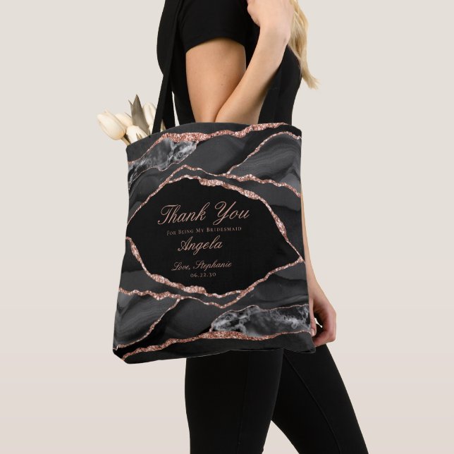 Black Rose Gold Foil Agate Wedding Thank You Tote Bag (Close Up)