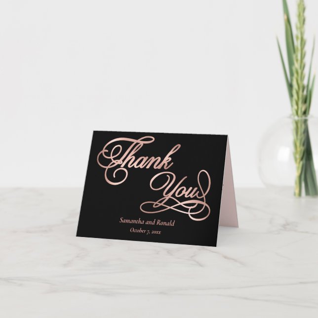 Black Rose Gold Foil Calligraphy Formal Thank You Card (Front)