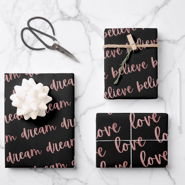 Black Rose Gold Foil Dream Believe Love Wrapping Paper Sheet (Front)