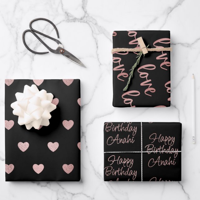 Black Rose Gold Foil Hearts Love Happy Birthday Wrapping Paper Sheet (Front)
