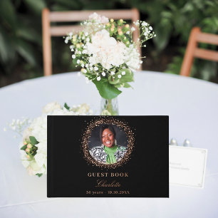 Black rose gold foil photo birthday guest book