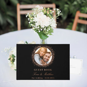 Black rose gold foil photo wedding  guest book