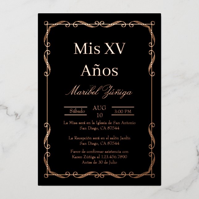 Black Rose Gold frame Quinceanera invitation (Front)