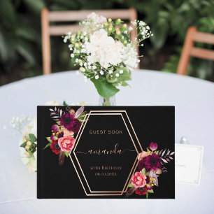 Black rose gold geometric burgundy floral Birthday Guest Book