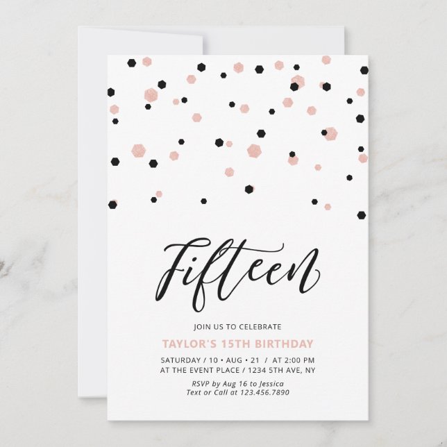 Black & Rose gold Girl 15th Teen Birthday Party Invitation (Front)