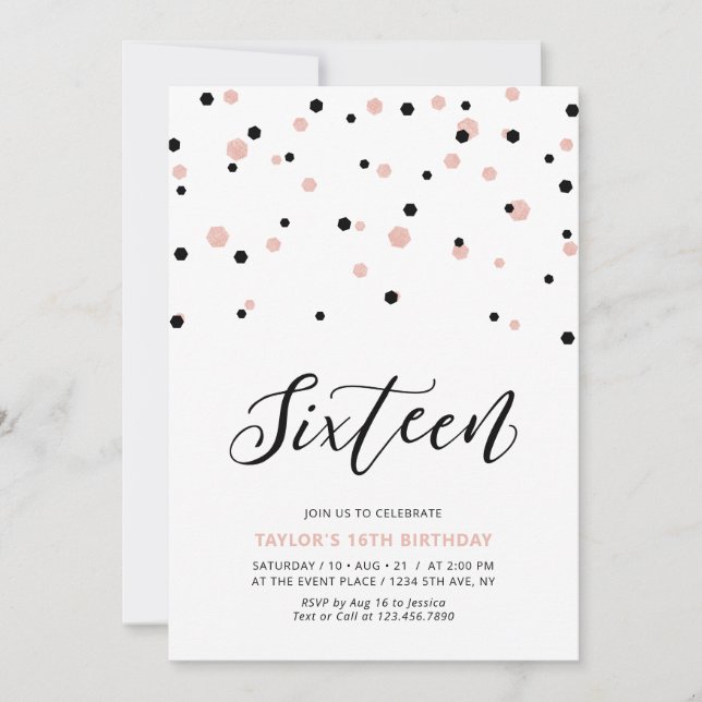 Black & Rose gold Girl 16th Teen Birthday Party Invitation (Front)