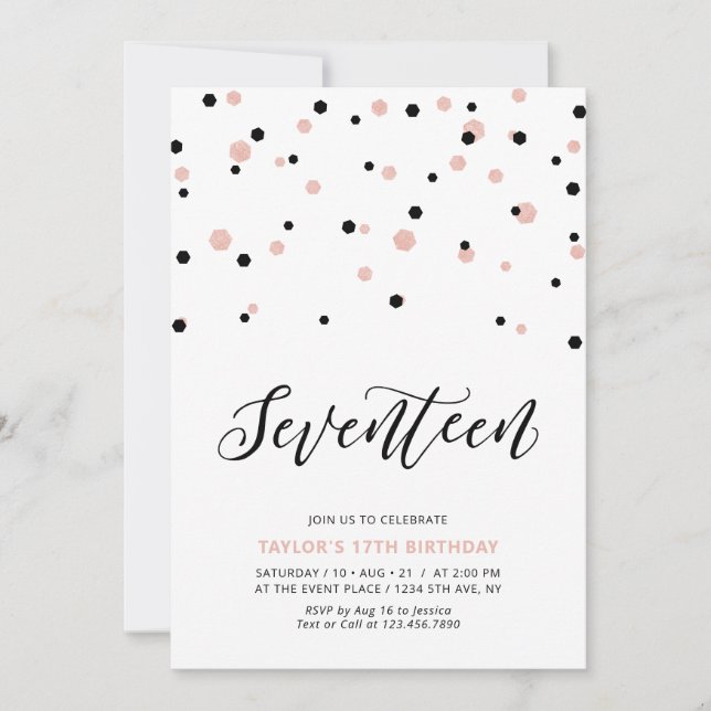 Black &Rose gold Girl 17th Teen Birthday Party Invitation (Front)