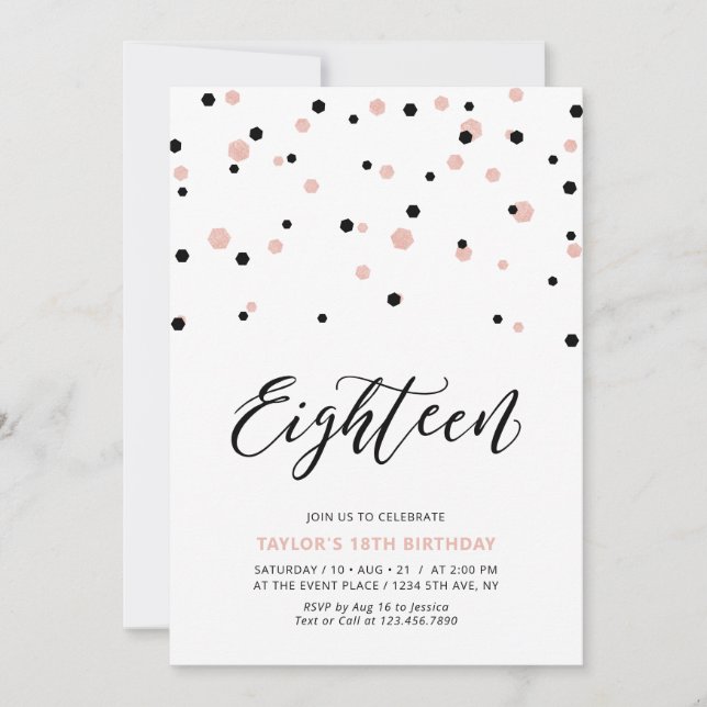 Black & Rose gold Girl 18th Teen Birthday Party Invitation (Front)