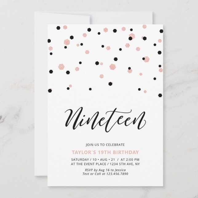 Black & Rose gold Girl 19th Teen Birthday Party Invitation (Front)