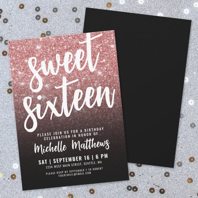 Black Rose Gold Glitter 16th Birthday Invitation (Black Rose Gold Glitter 16th Birthday Invitation)