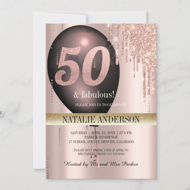 Black Rose Gold Glitter Balloon 50th Birthday Invitation (Front)