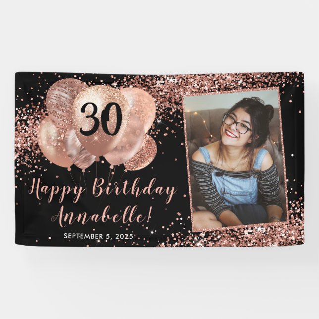 Black Rose Gold Glitter Balloon Photo Birthday Banner (Horizontal)