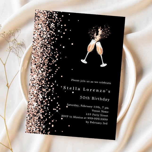 Black rose gold glitter cheers birthday invitation (Creator Uploaded)