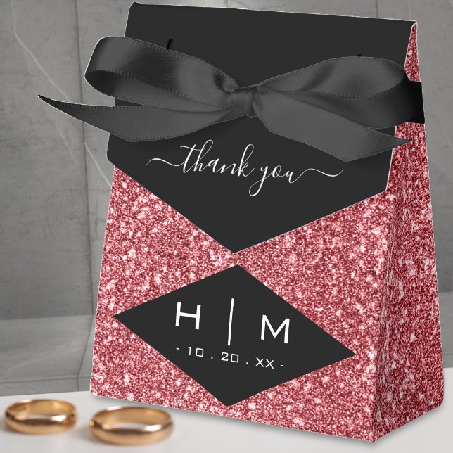 Black & Rose Gold Glitter Chic Thank You Wedding Favour Box (black & pink rose gold glitter monogram thank you favor box)
