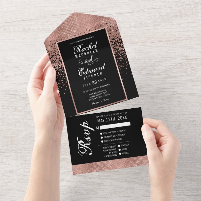 Black Rose Gold Glitter Confetti Wedding RSVP All In One Invitation (Tearaway)